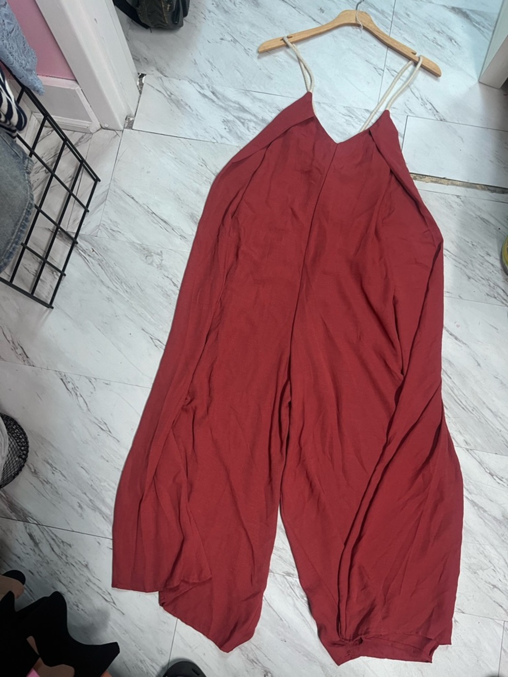 Vintage Rust-Red Wide-Leg Jumpsuit with Thin Straps